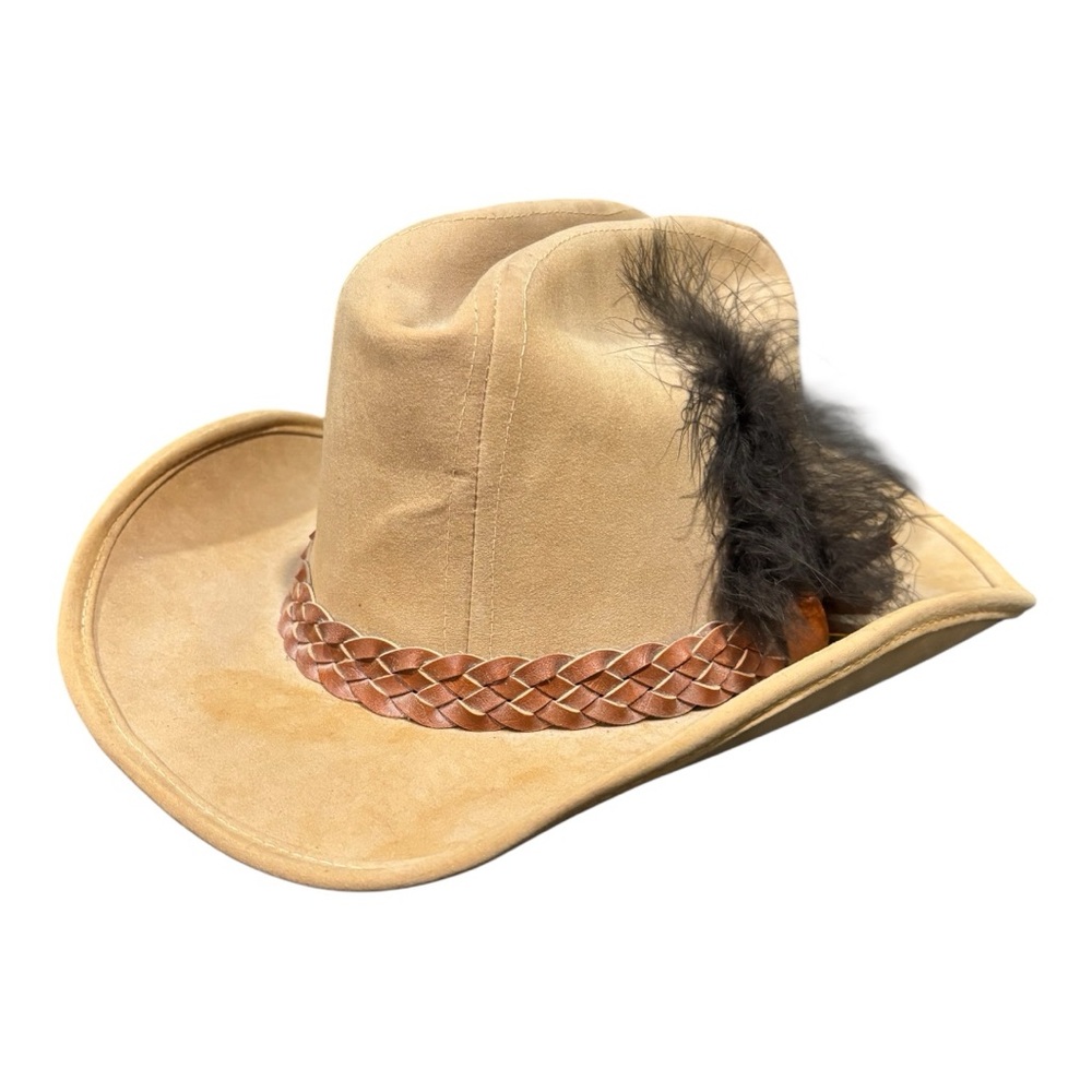 United Hatters Cap & Millinery Tan Cowboy Hat Leather Braid Black Feather VNTG
